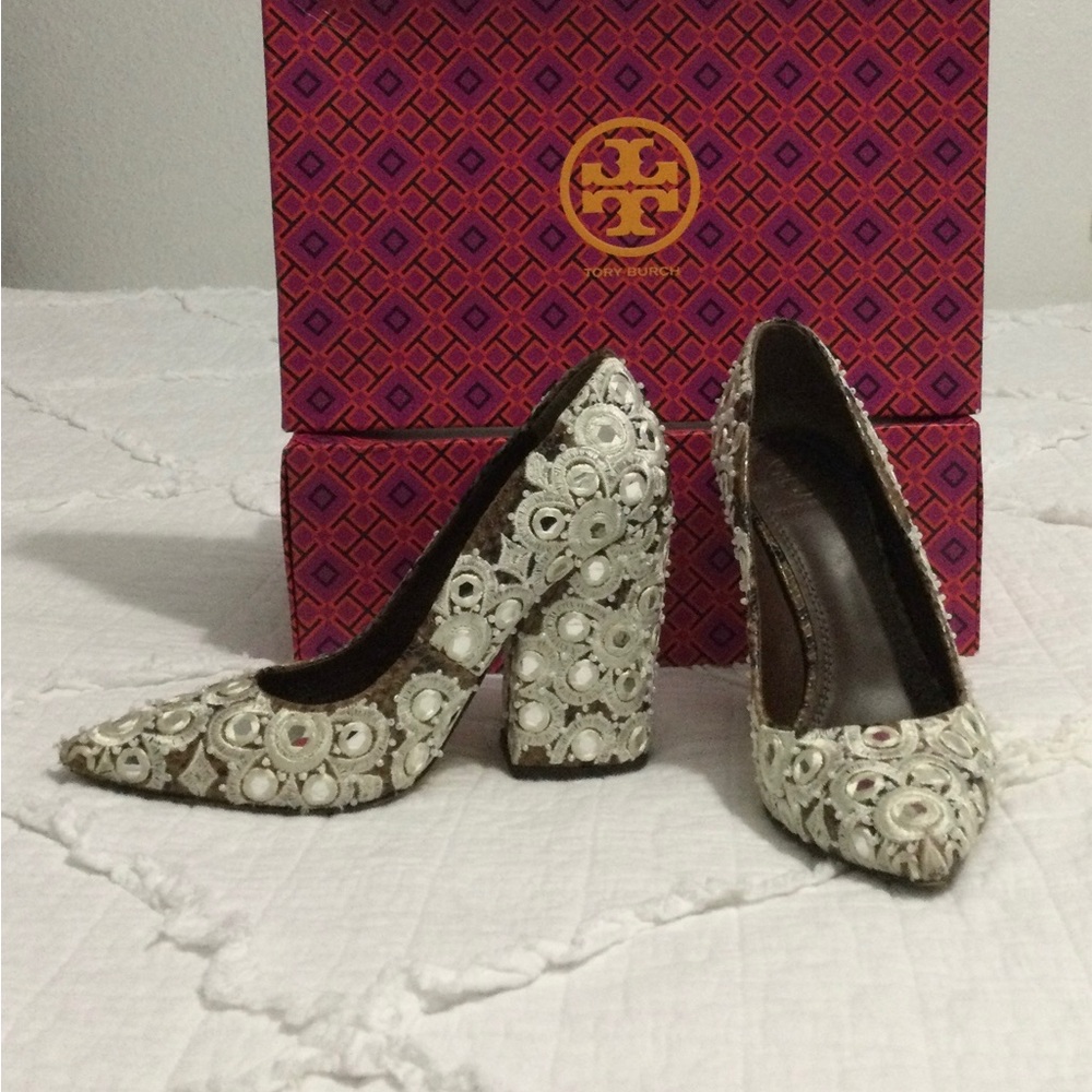 Tory Burch White Embellished Heels - Picture 3 of 5